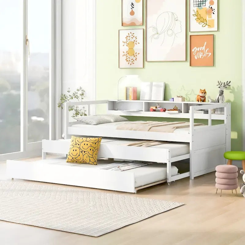 Wood Daybed with 2 Trundles, 3 Storage Cubbies, 1 Light for Free and USB Charging Design