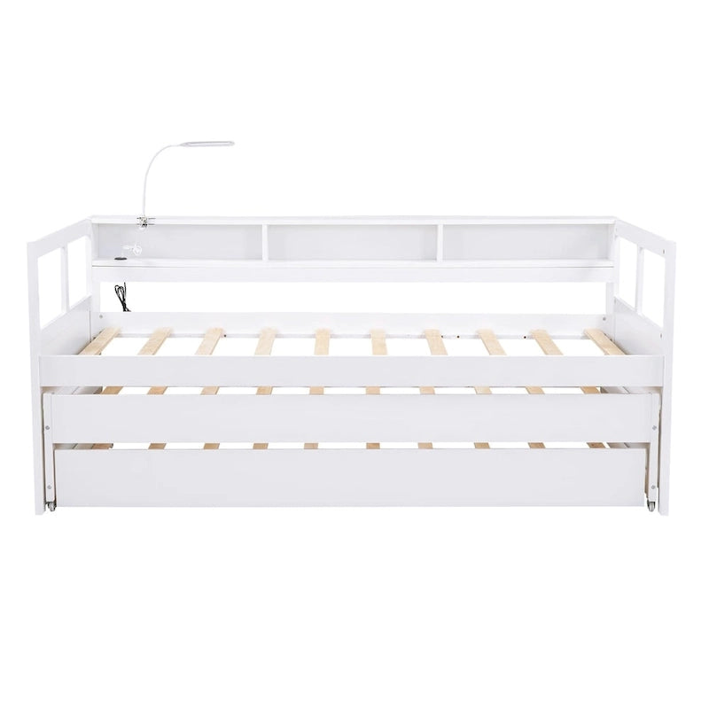 Wood Daybed with 2 Trundles, 3 Storage Cubbies, 1 Light for Free and USB Charging Design