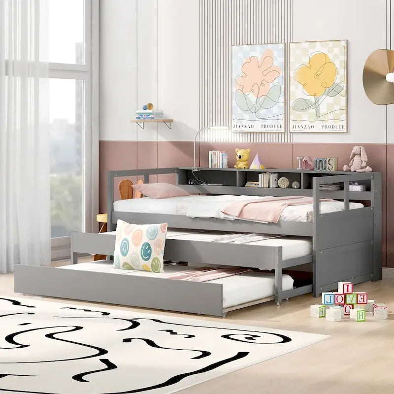Wood Daybed with 2 Trundles, 3 Storage Cubbies, 1 Light for Free and USB Charging Design