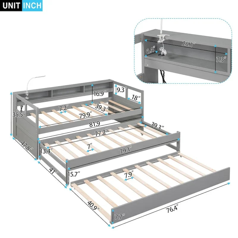 Wood Daybed with 2 Trundles, 3 Storage Cubbies, 1 Light for Free and USB Charging Design