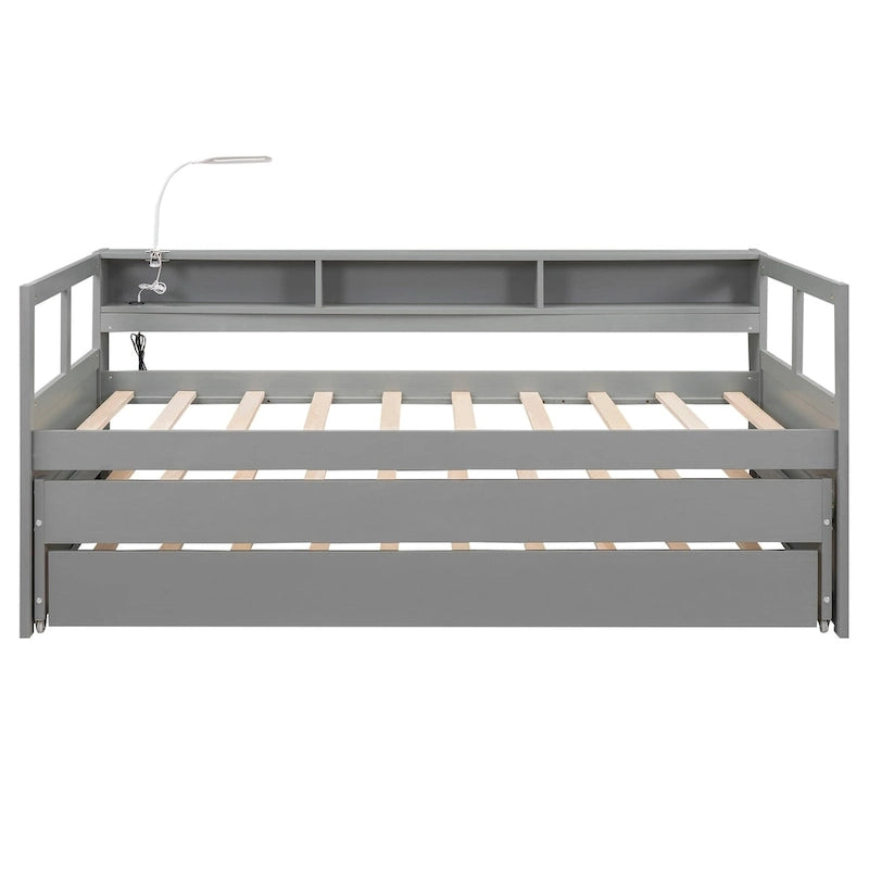 Wood Daybed with 2 Trundles, 3 Storage Cubbies, 1 Light for Free and USB Charging Design