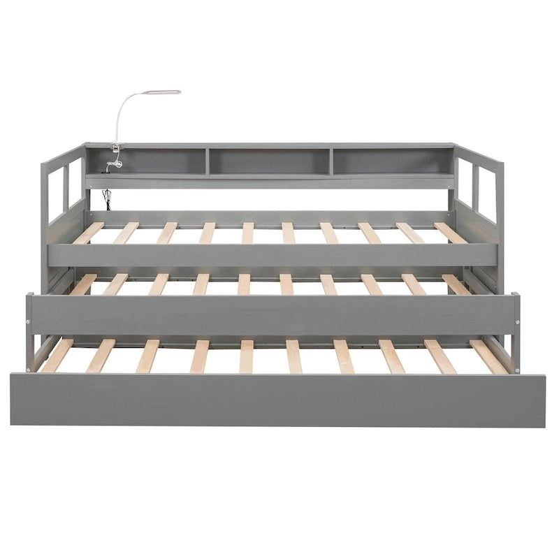 Wood Daybed with 2 Trundles, 3 Storage Cubbies, 1 Light for Free and USB Charging Design