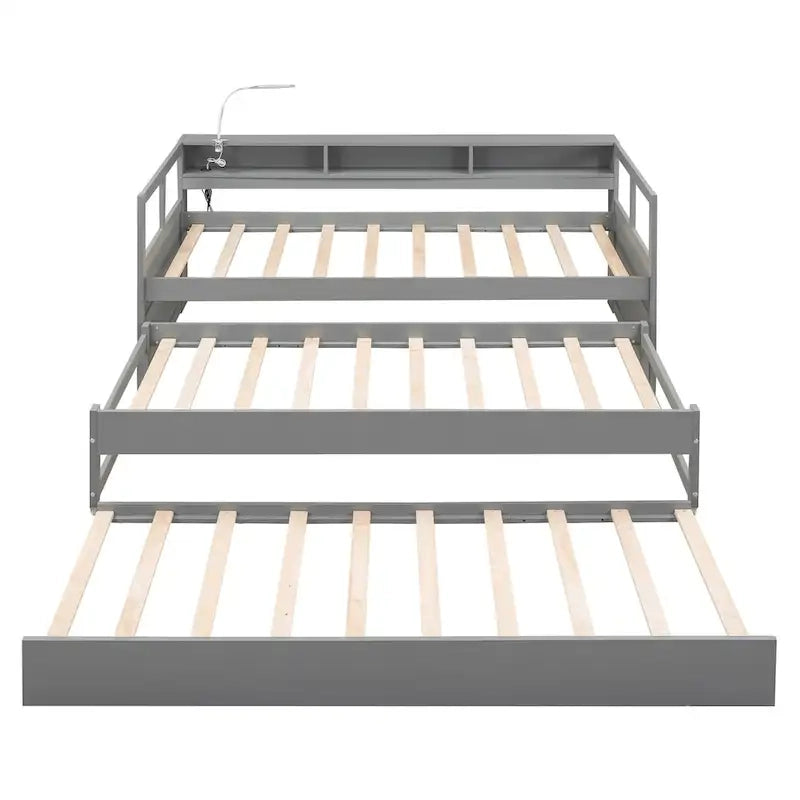 Wood Daybed with 2 Trundles, 3 Storage Cubbies, 1 Light for Free and USB Charging Design