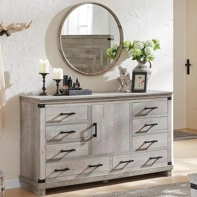 Farmhouse 8 Drawer Dresser, Wood Long Chest of Drawers, Closet Dresser