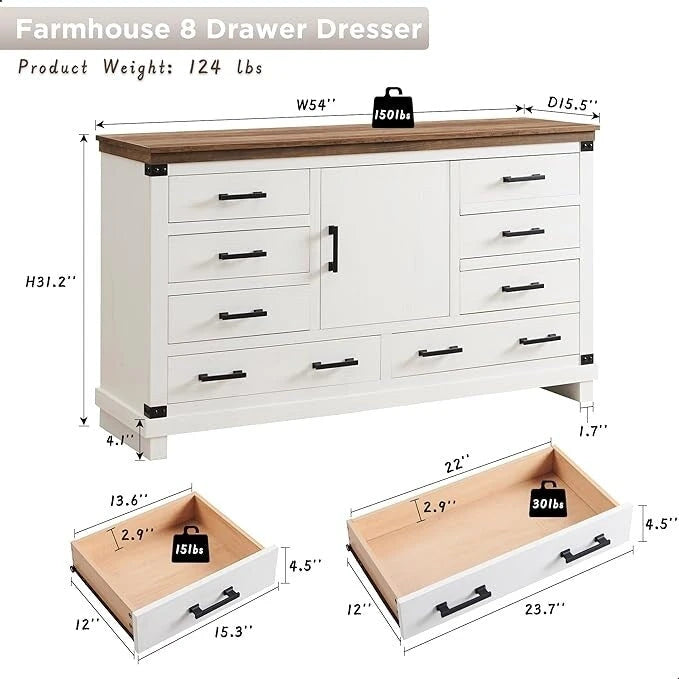 Farmhouse 8 Drawer Dresser, Wood Long Chest of Drawers, Closet Dresser