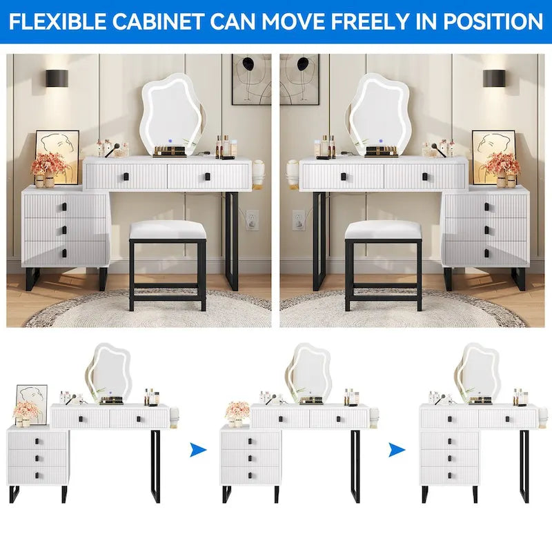 Moasis Makeup Vanity Set with Mirror Stool Power Station 5 Drawers Dressing Table Desk - 43.3 x 15.74 x 49.9 inch (L x W x H)