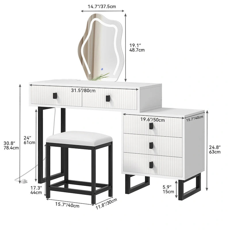 Moasis Makeup Vanity Set with Mirror Stool Power Station 5 Drawers Dressing Table Desk - 43.3 x 15.74 x 49.9 inch (L x W x H)