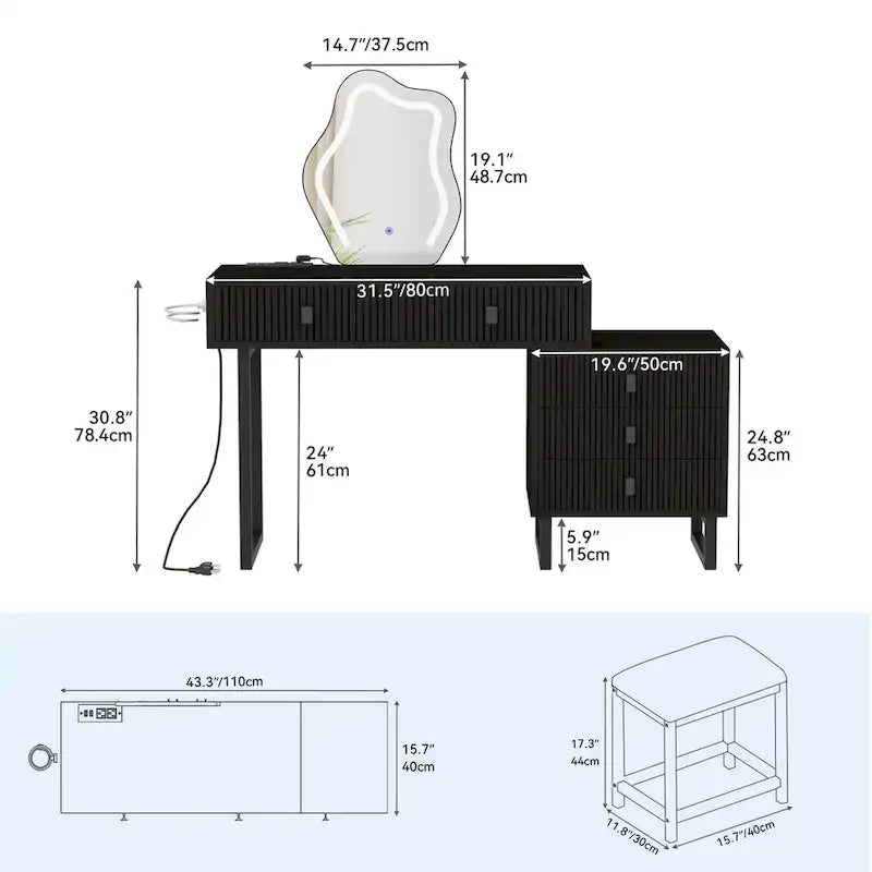 Moasis Makeup Vanity Set with Mirror Stool Power Station 5 Drawers Dressing Table Desk - 43.3 x 15.74 x 49.9 inch (L x W x H)