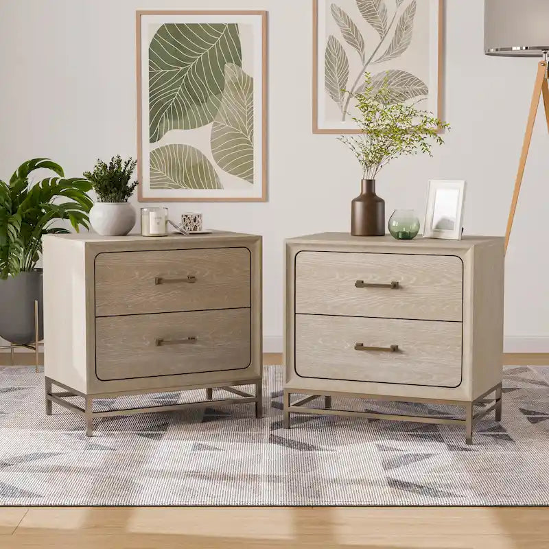 Furniture of America Drayden Transitional Oak Solid Wood 2-Drawer Nightstand, Set of 2