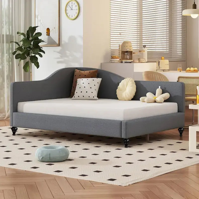 L-Shaped Linen Daybed with Solid Wood Legs