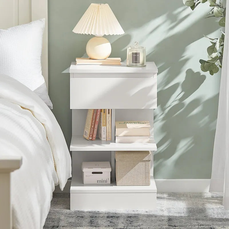 Haotian FBT49-W, Side Table Night Stand Bed Sofa Table With 1 Drawer And 2 Shelves