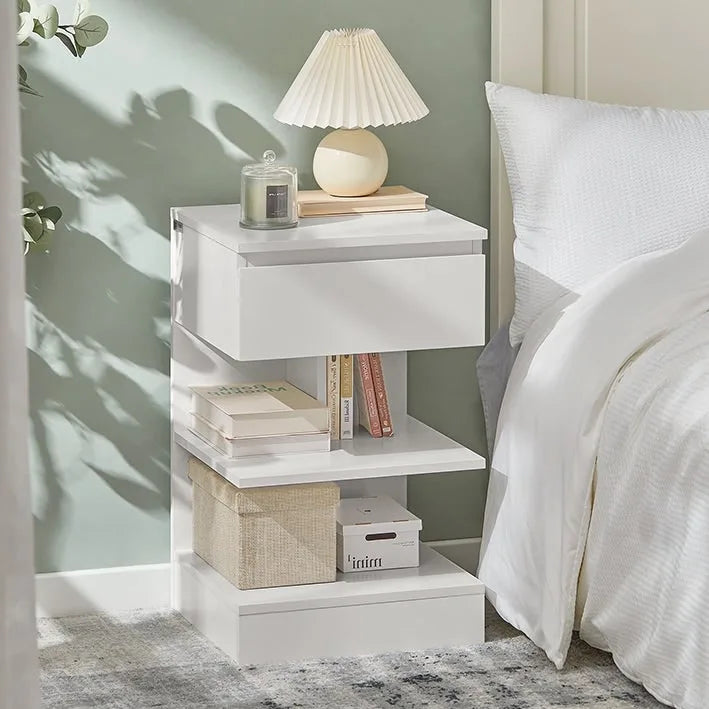 Haotian FBT49-W, Side Table Night Stand Bed Sofa Table With 1 Drawer And 2 Shelves