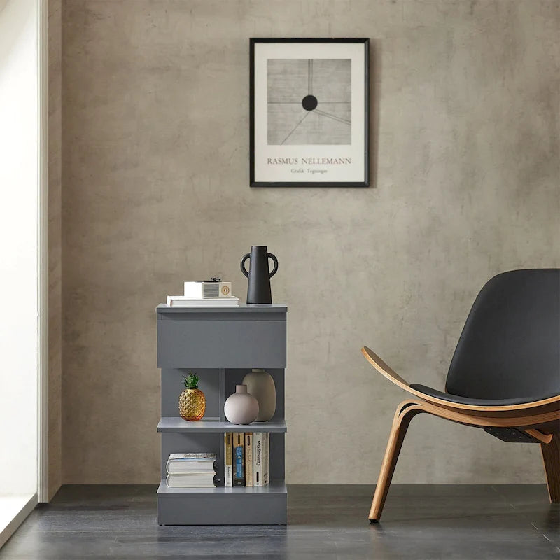Haotian FBT49-W, Side Table Night Stand Bed Sofa Table With 1 Drawer And 2 Shelves
