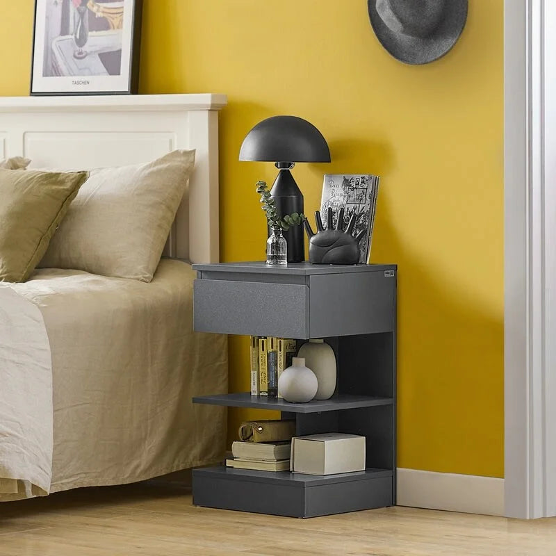 Haotian FBT49-W, Side Table Night Stand Bed Sofa Table With 1 Drawer And 2 Shelves