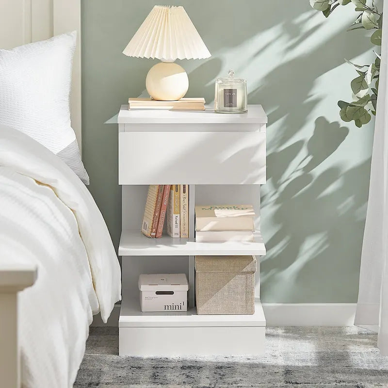 Haotian FBT49-W, Side Table Night Stand Bed Sofa Table With 1 Drawer And 2 Shelves
