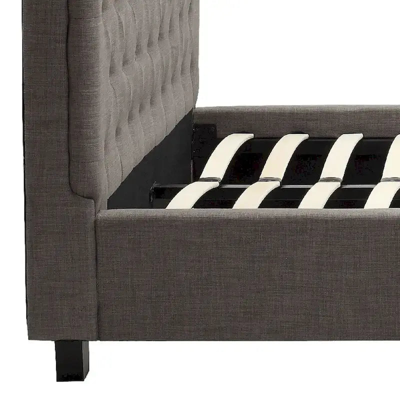 Rue Low Profile Queen Bed, Button Tufted Uphosltered Rolled Back, Gray