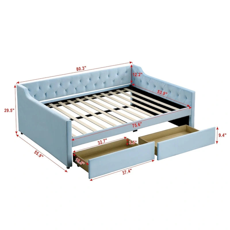 Full Size Velvet Tufted Daybed with 2 Drawers