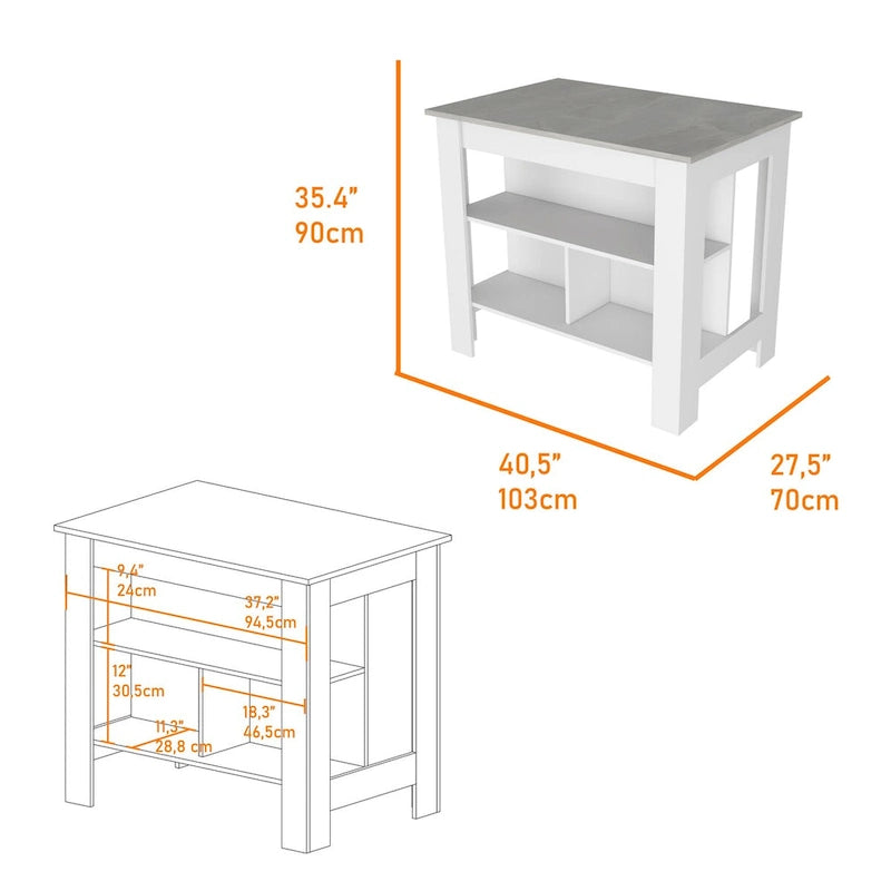 Kitchen Island Dozza, Three Shelves, White / Ibiza Marble Finish