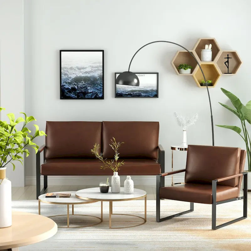 Mieres Mid-Century Style 3-Piece PU Leather Living Room Sofa Set Including 2 Armchairs and 1 Loveseat Sofa