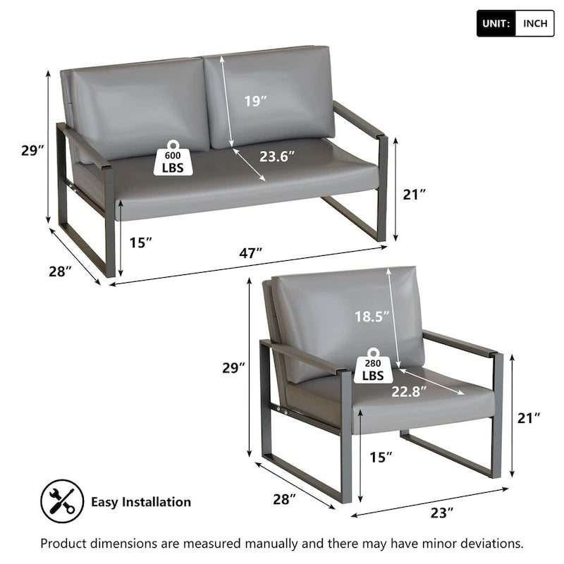 Mieres Mid-Century Style 3-Piece PU Leather Living Room Sofa Set Including 2 Armchairs and 1 Loveseat Sofa