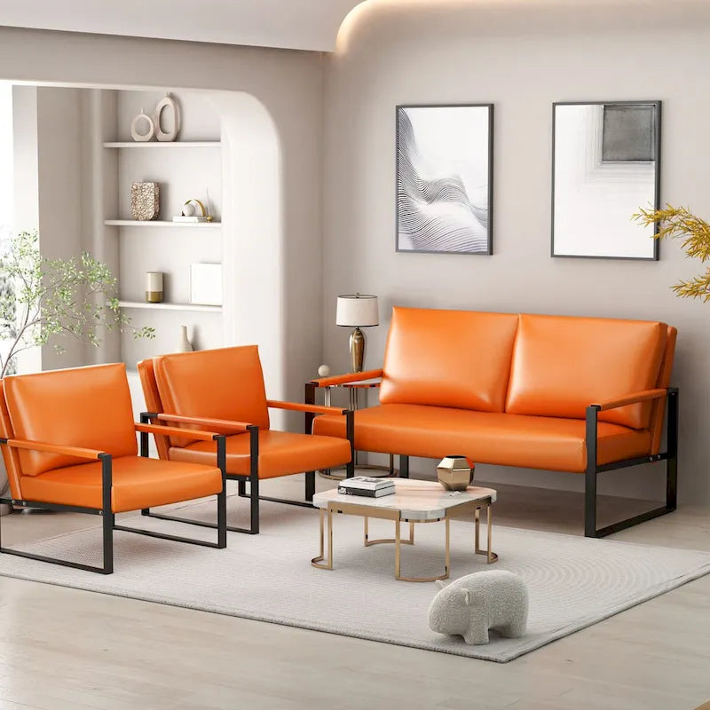 Mieres Mid-Century Style 3-Piece PU Leather Living Room Sofa Set Including 2 Armchairs and 1 Loveseat Sofa