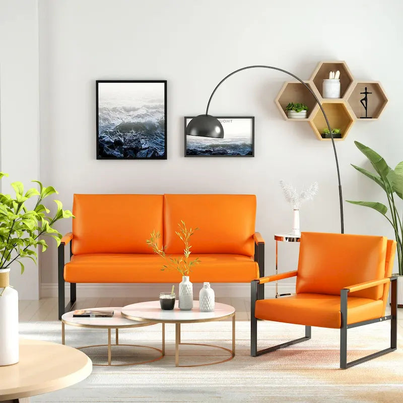 Mieres Mid-Century Style 3-Piece PU Leather Living Room Sofa Set Including 2 Armchairs and 1 Loveseat Sofa