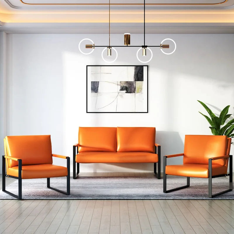 Mieres Mid-Century Style 3-Piece PU Leather Living Room Sofa Set Including 2 Armchairs and 1 Loveseat Sofa