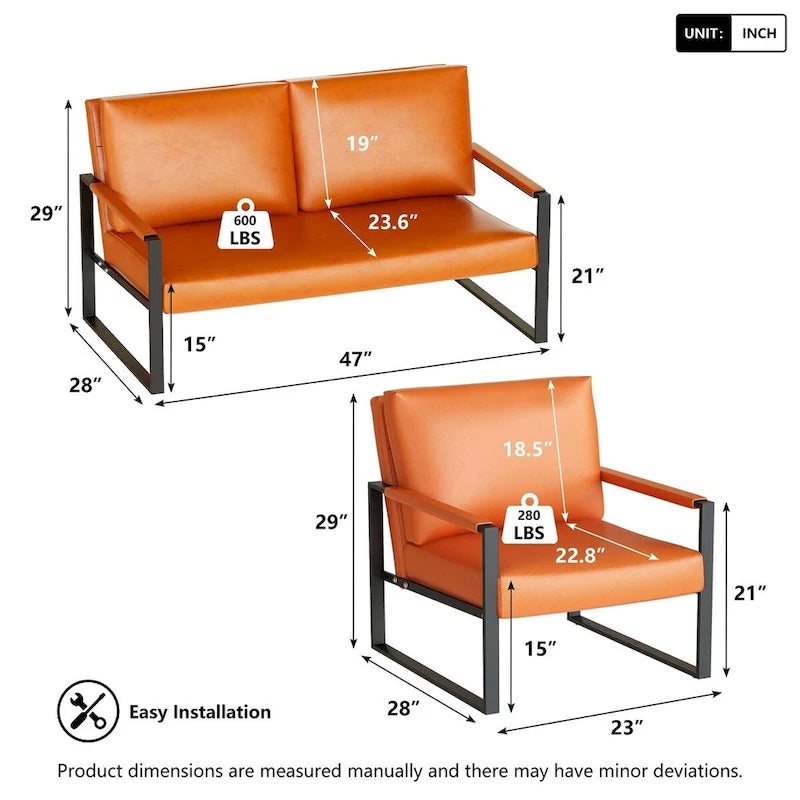 Mieres Mid-Century Style 3-Piece PU Leather Living Room Sofa Set Including 2 Armchairs and 1 Loveseat Sofa