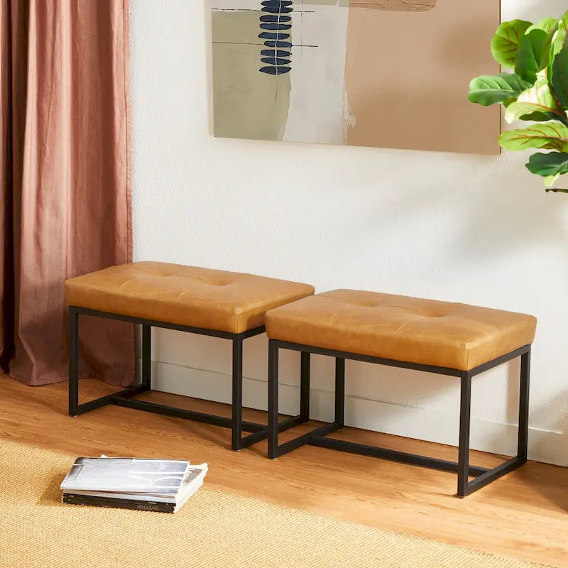 Glitzhome Set of 2 24W Modern PU Leather Button-tufted Ottoman Foot stool