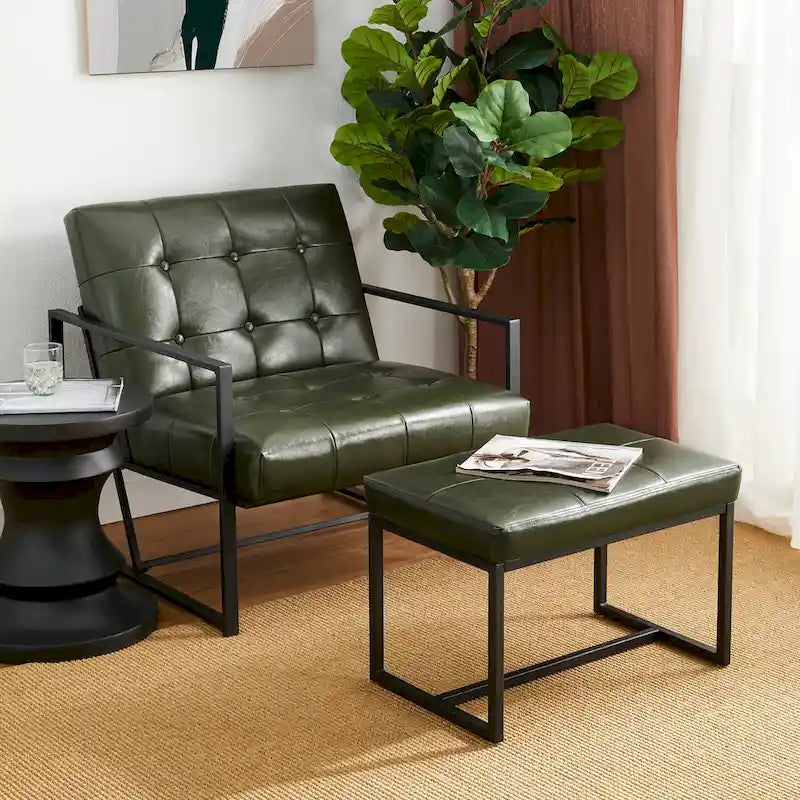 Glitzhome Set of 2 24W Modern PU Leather Button-tufted Ottoman Foot stool