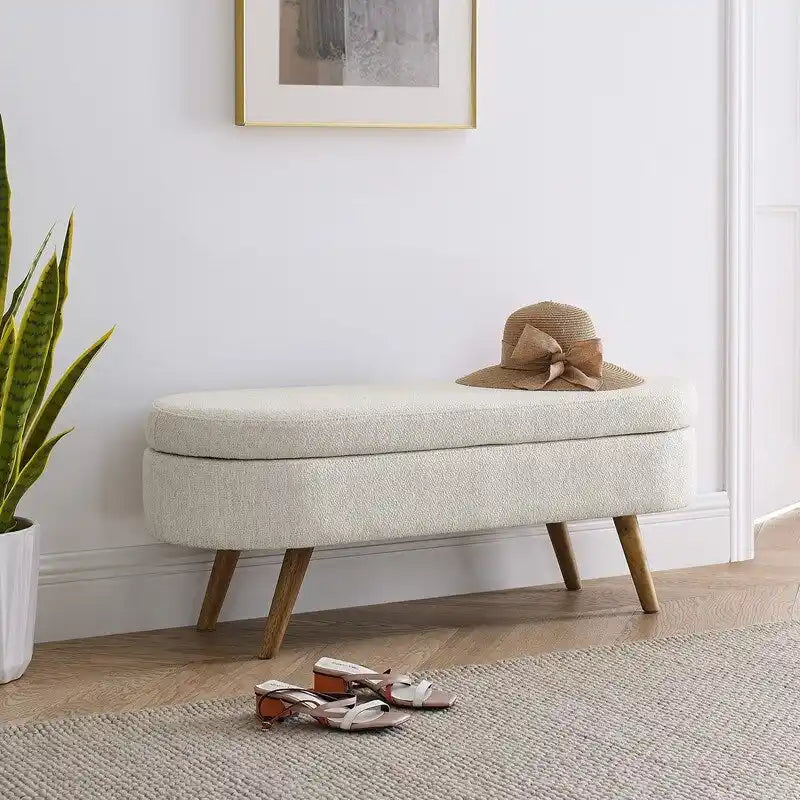 Modern Upholstered Storage Bench with Solid Wood Legs, Entryway Footrest Stool, End of Bed Bench, Vanity Ottoman