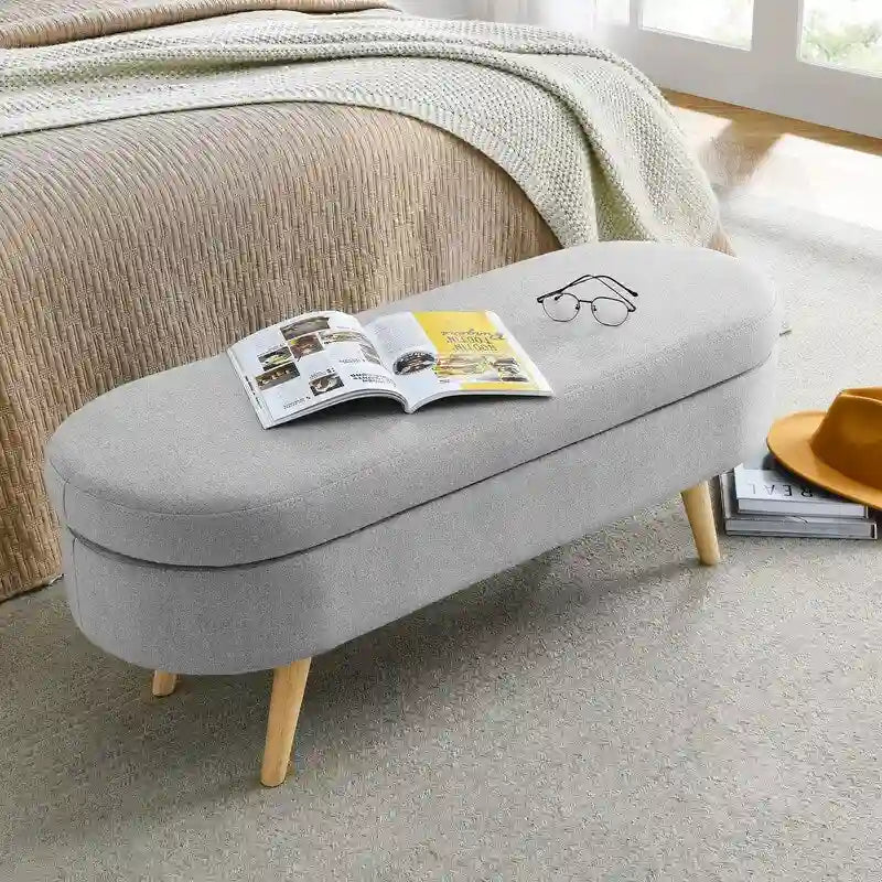 Modern Upholstered Storage Bench with Solid Wood Legs, Entryway Footrest Stool, End of Bed Bench, Vanity Ottoman