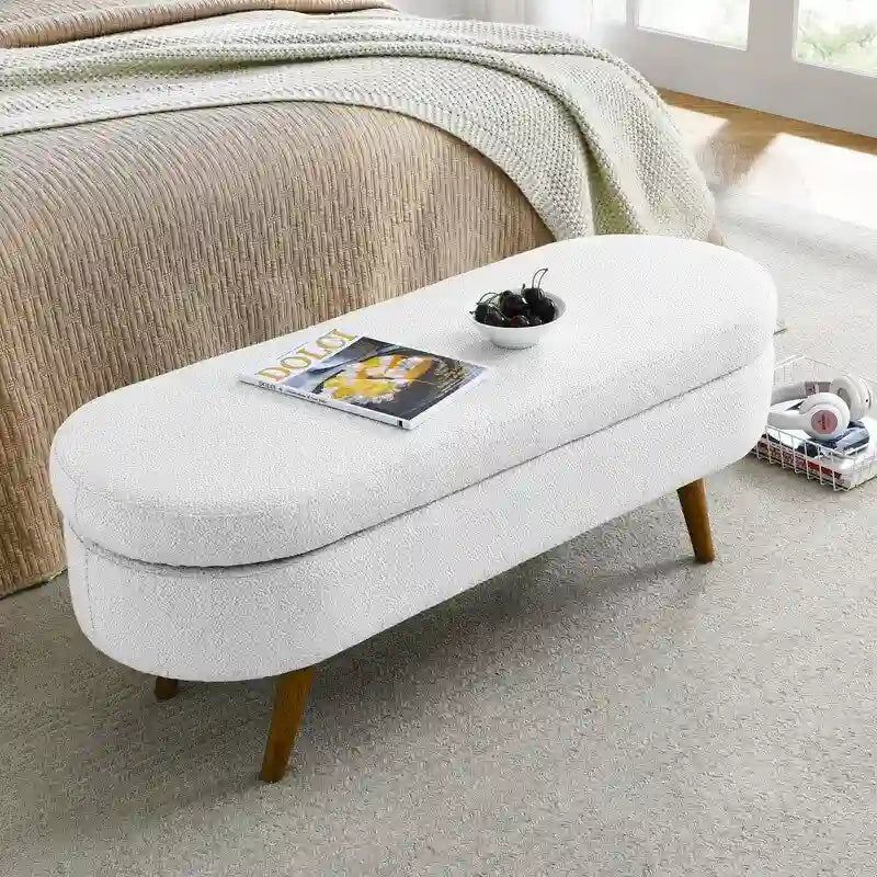 Modern Upholstered Storage Bench with Solid Wood Legs, Entryway Footrest Stool, End of Bed Bench, Vanity Ottoman