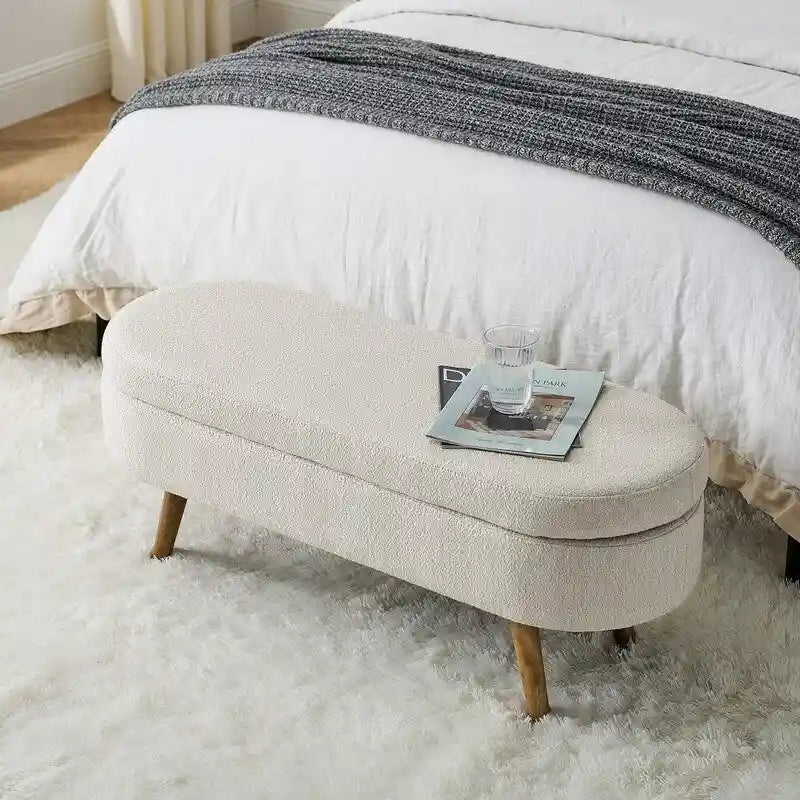 Modern Upholstered Storage Bench with Solid Wood Legs, Entryway Footrest Stool, End of Bed Bench, Vanity Ottoman