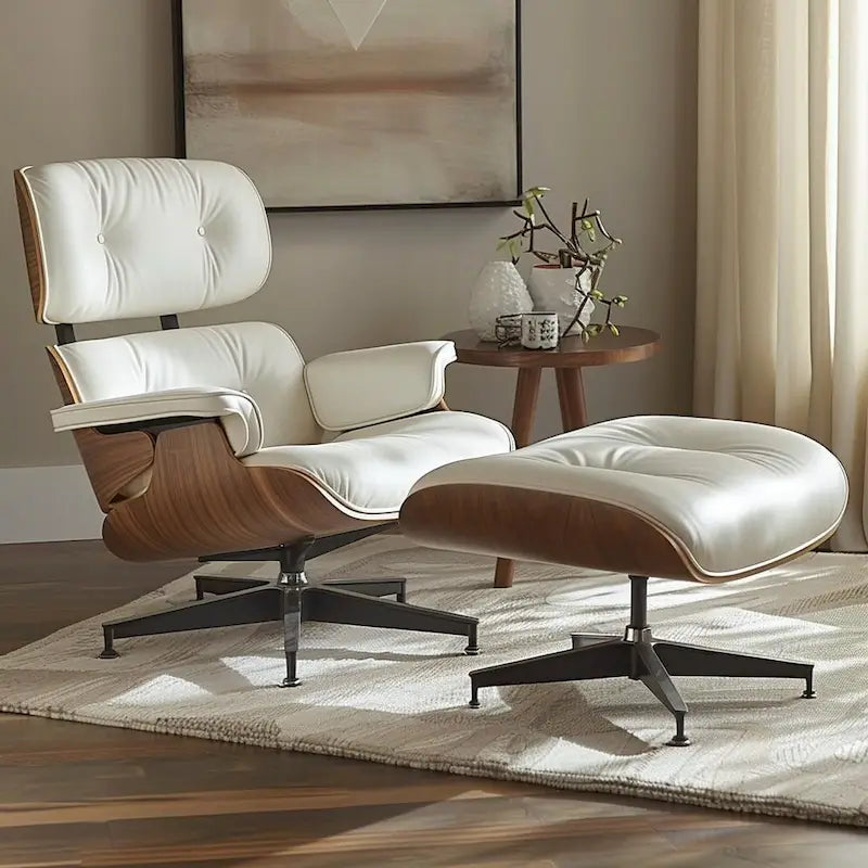Mid-century Full Grain Leather Accent Chaise Lounge Chair and Ottoman