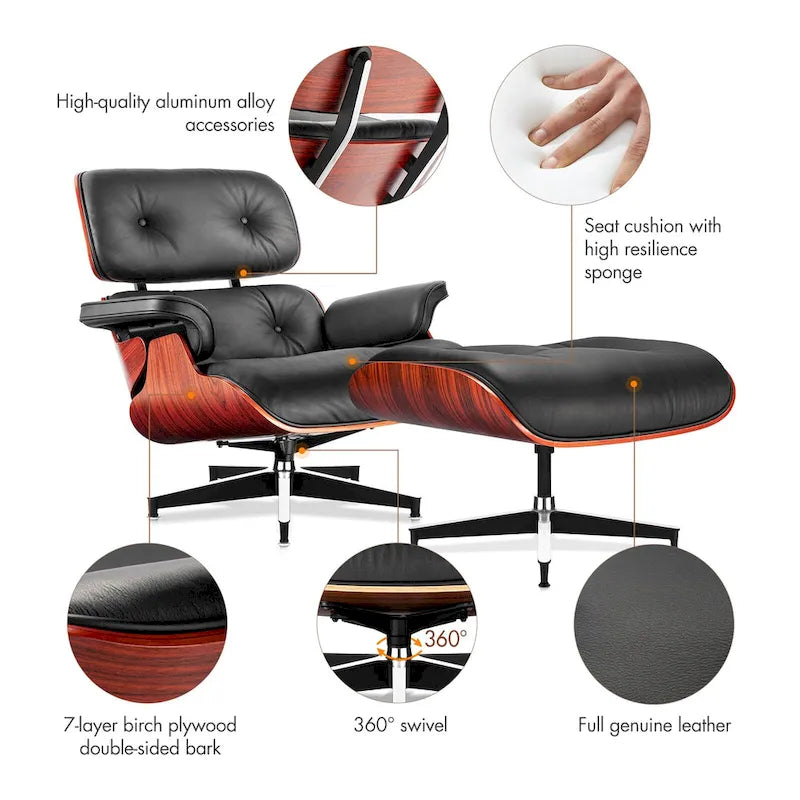 Mid-century Full Grain Leather Accent Chaise Lounge Chair and Ottoman