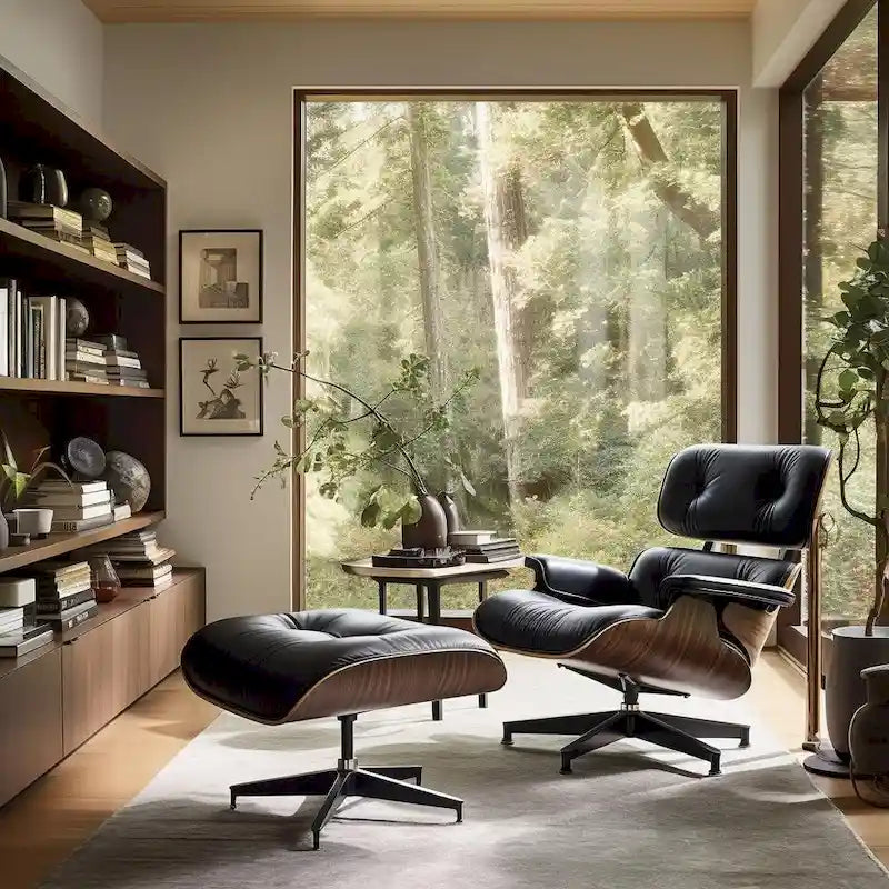 Mid-century Full Grain Leather Accent Chaise Lounge Chair and Ottoman