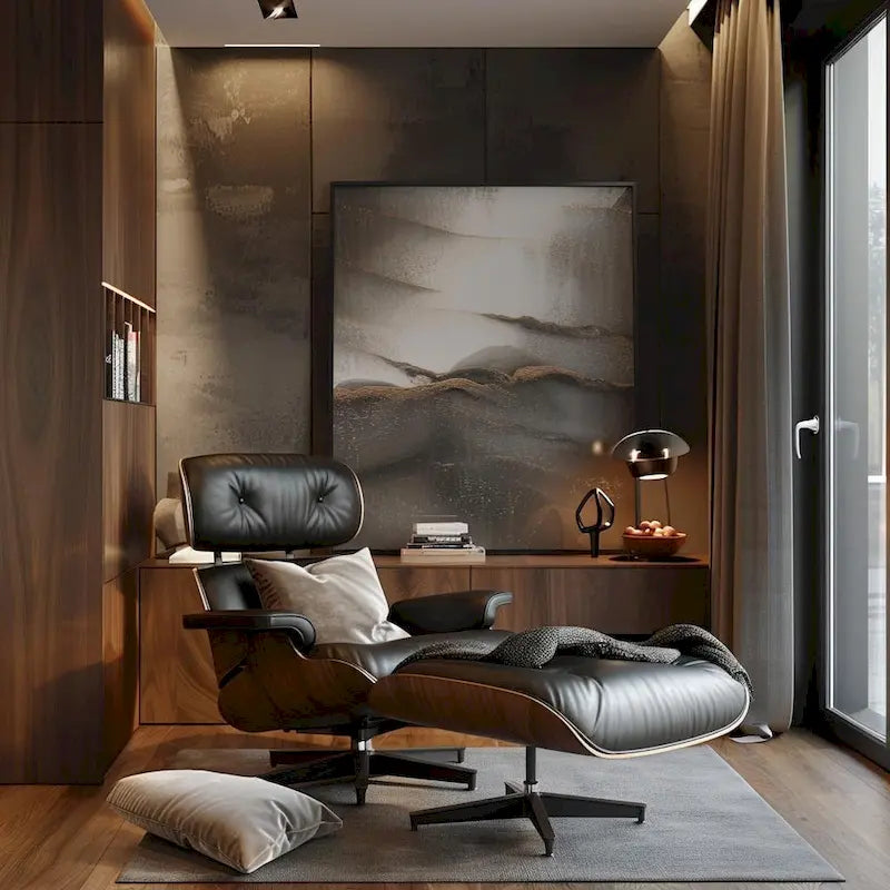 Mid-century Full Grain Leather Accent Chaise Lounge Chair and Ottoman