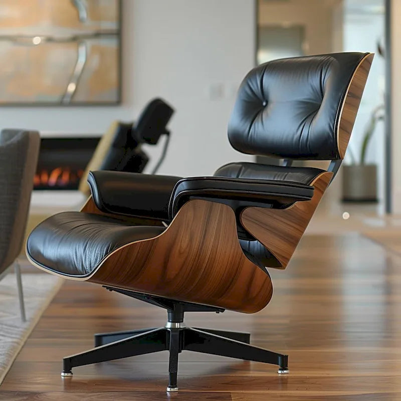 Mid-century Full Grain Leather Accent Chaise Lounge Chair and Ottoman