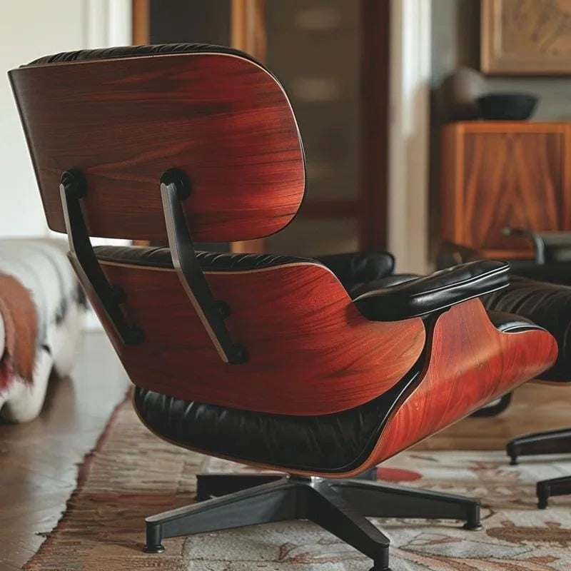 Mid-century Full Grain Leather Accent Chaise Lounge Chair and Ottoman