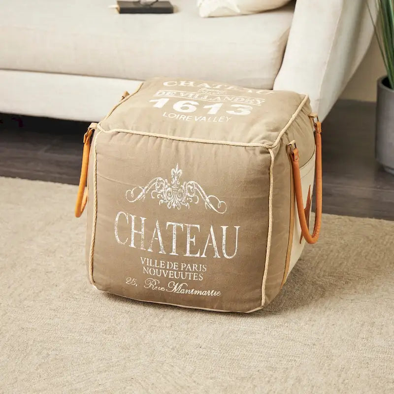 Canvas Pouf with Leather Handles - Gray, Brown, White, Cream or Beige - Roche River Decor
