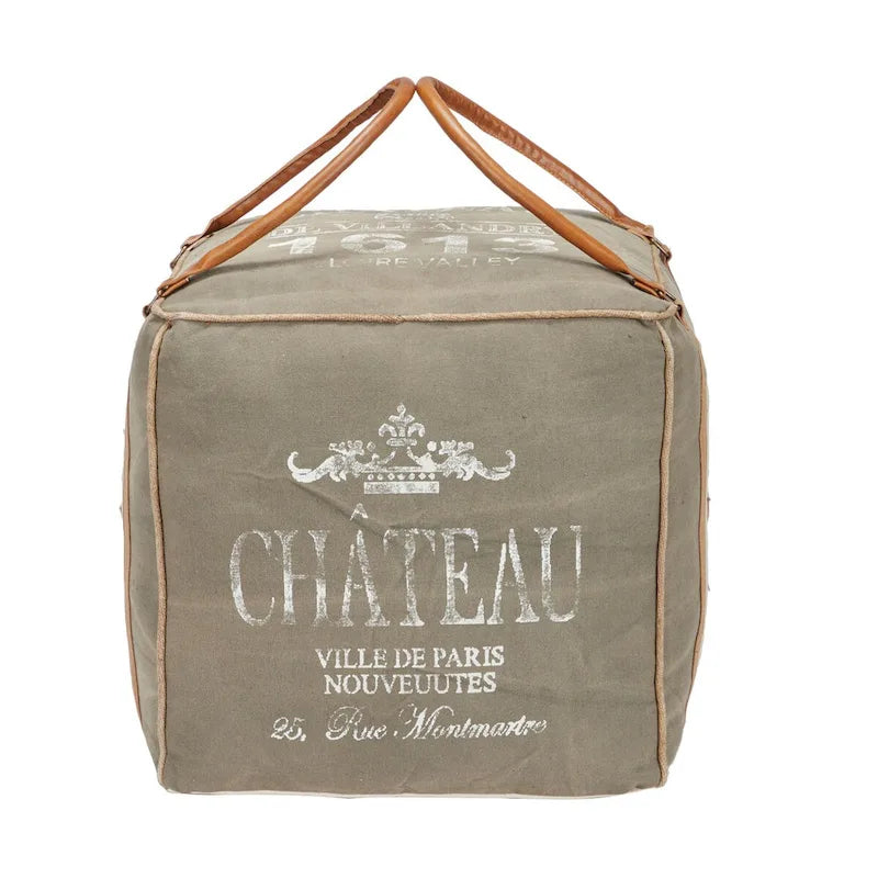 Canvas Pouf with Leather Handles - Gray, Brown, White, Cream or Beige - Roche River Decor