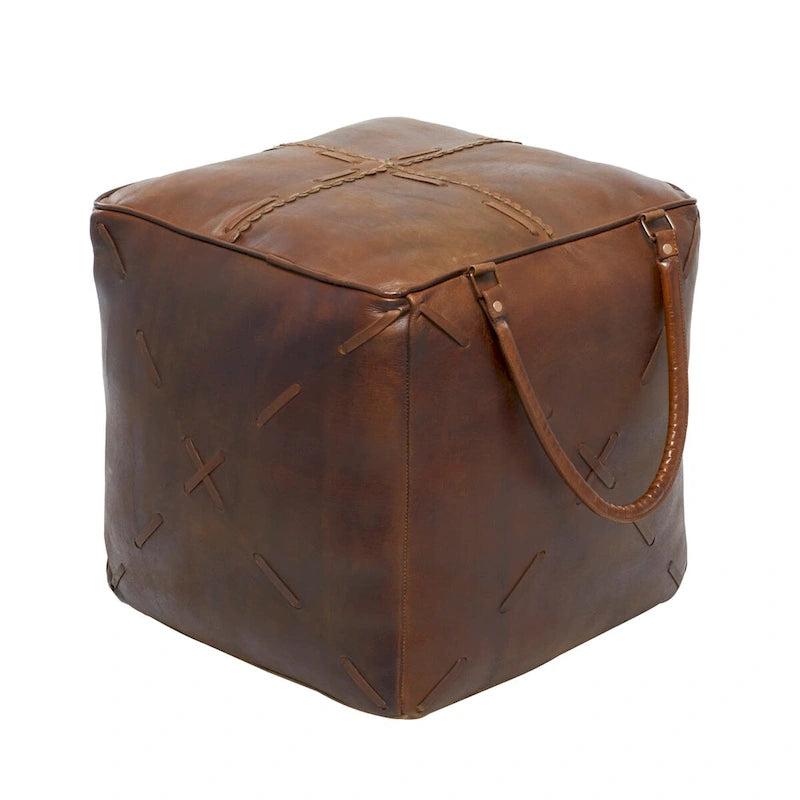 Canvas Pouf with Leather Handles - Gray, Brown, White, Cream or Beige - Roche River Decor