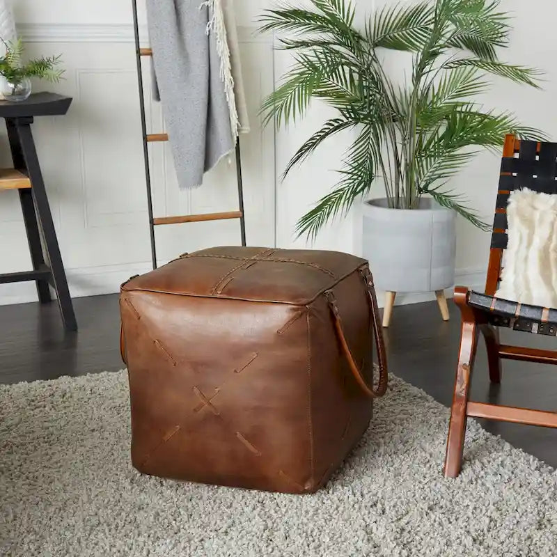 Canvas Pouf with Leather Handles - Gray, Brown, White, Cream or Beige - Roche River Decor