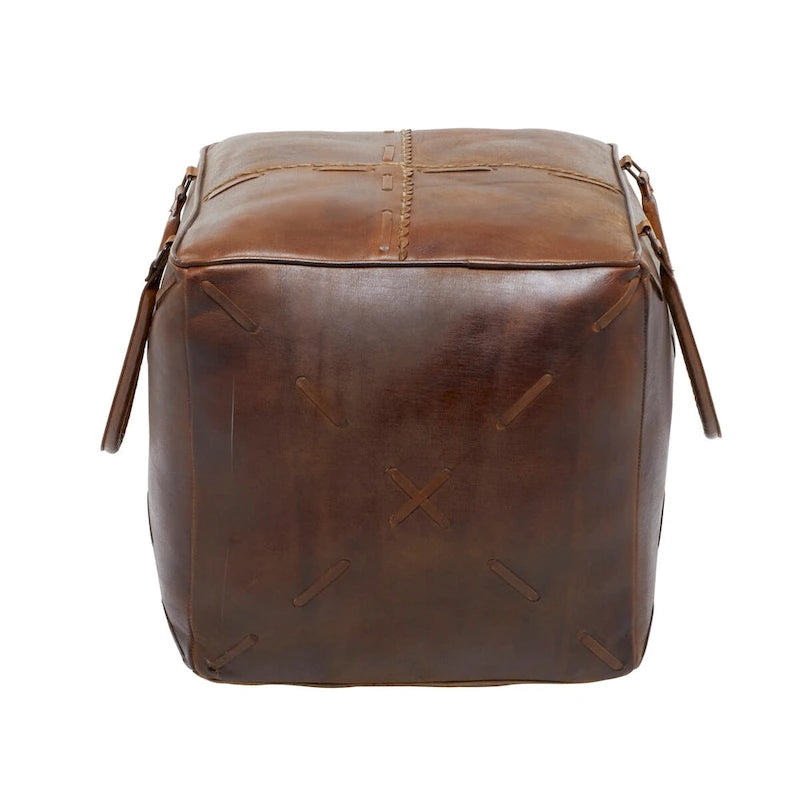 Canvas Pouf with Leather Handles - Gray, Brown, White, Cream or Beige - Roche River Decor