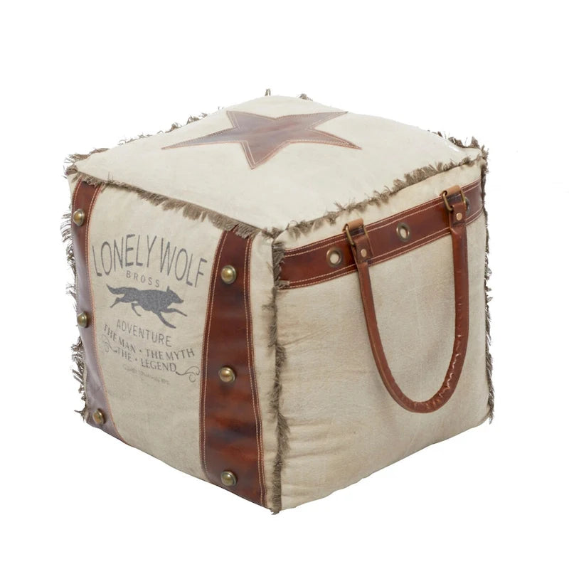 Canvas Pouf with Leather Handles - Gray, Brown, White, Cream or Beige - Roche River Decor