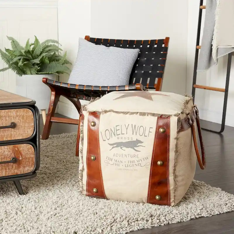Canvas Pouf with Leather Handles - Gray, Brown, White, Cream or Beige - Roche River Decor