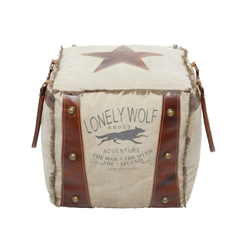 Canvas Pouf with Leather Handles - Gray, Brown, White, Cream or Beige - Roche River Decor
