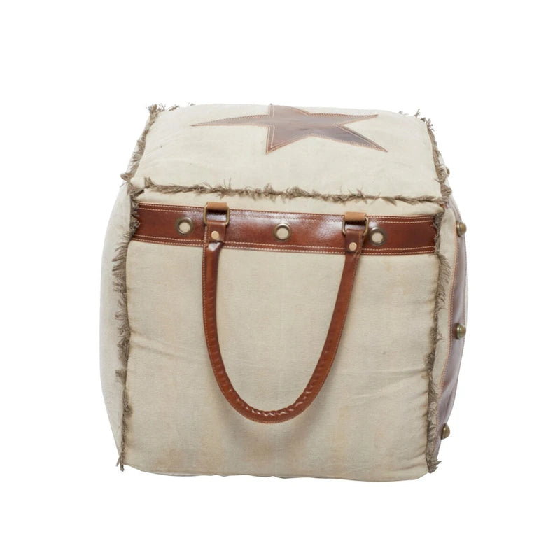 Canvas Pouf with Leather Handles - Gray, Brown, White, Cream or Beige - Roche River Decor