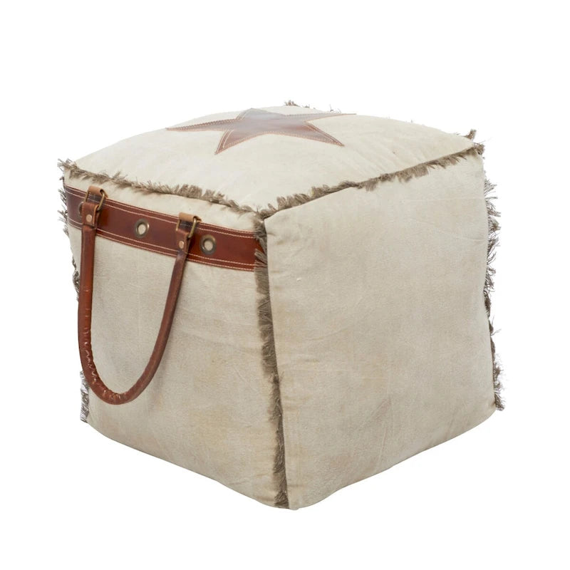 Canvas Pouf with Leather Handles - Gray, Brown, White, Cream or Beige - Roche River Decor